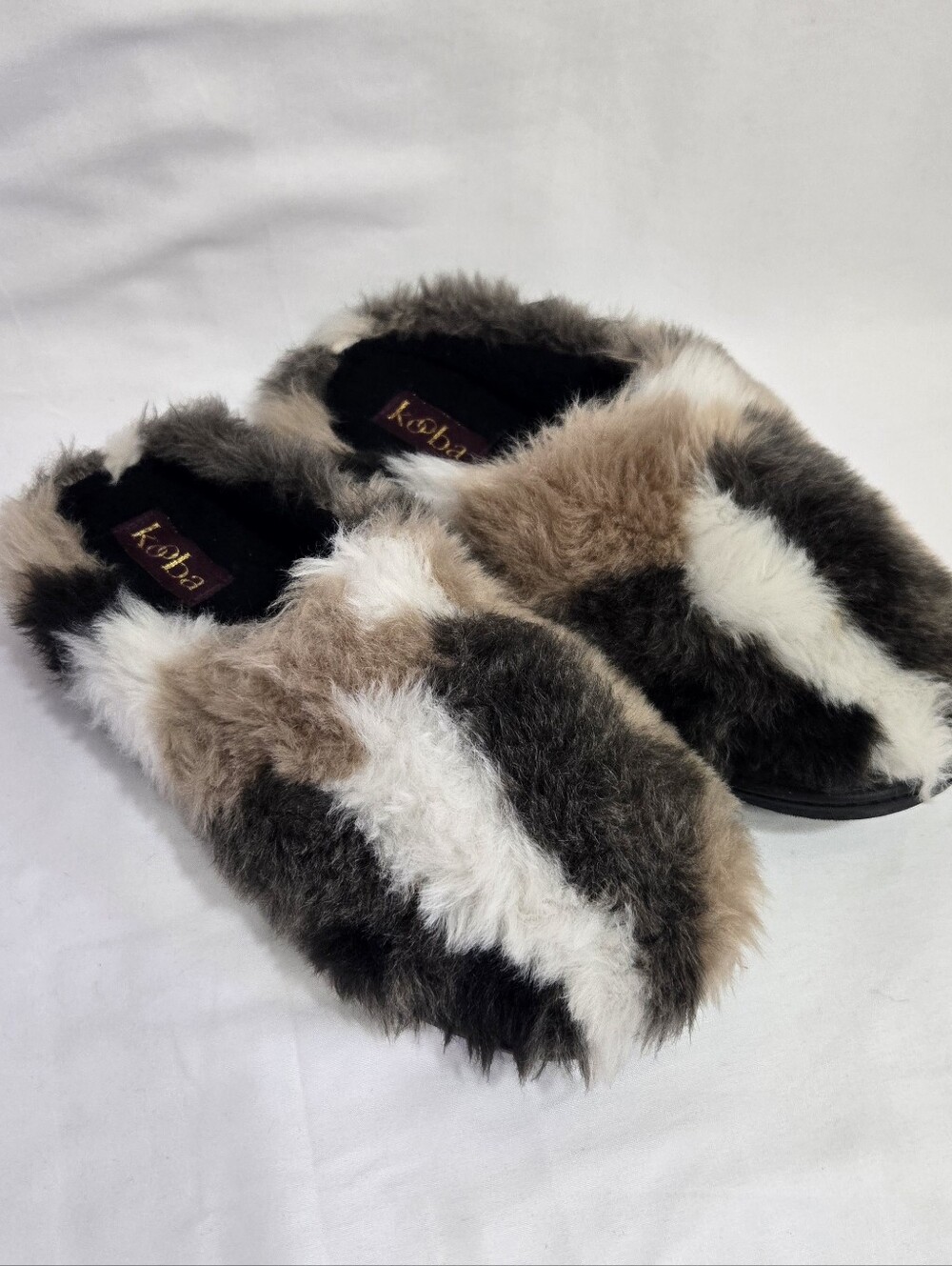 Kooba Faux Fur Mule Slippers Patchwork Multicolor Cozy Boho Shoes Size Large
